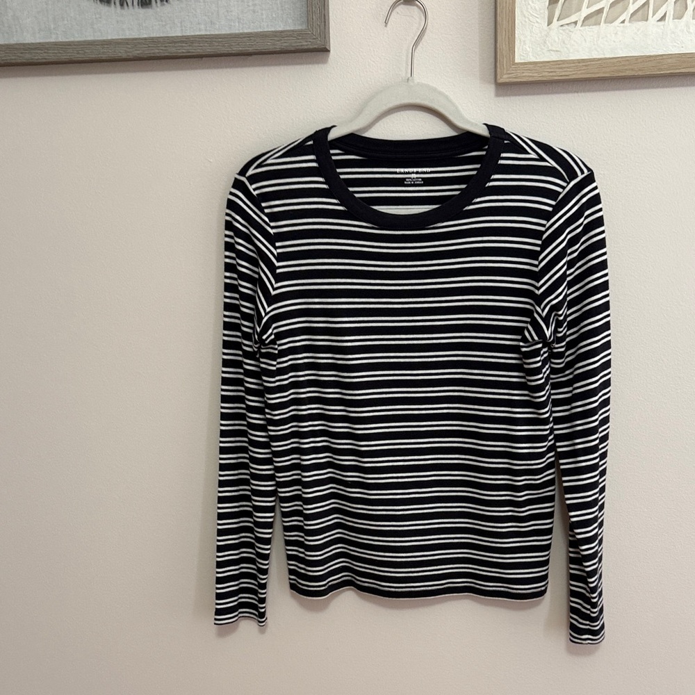 Lands' End Navy and White Striped Crew Neck Top